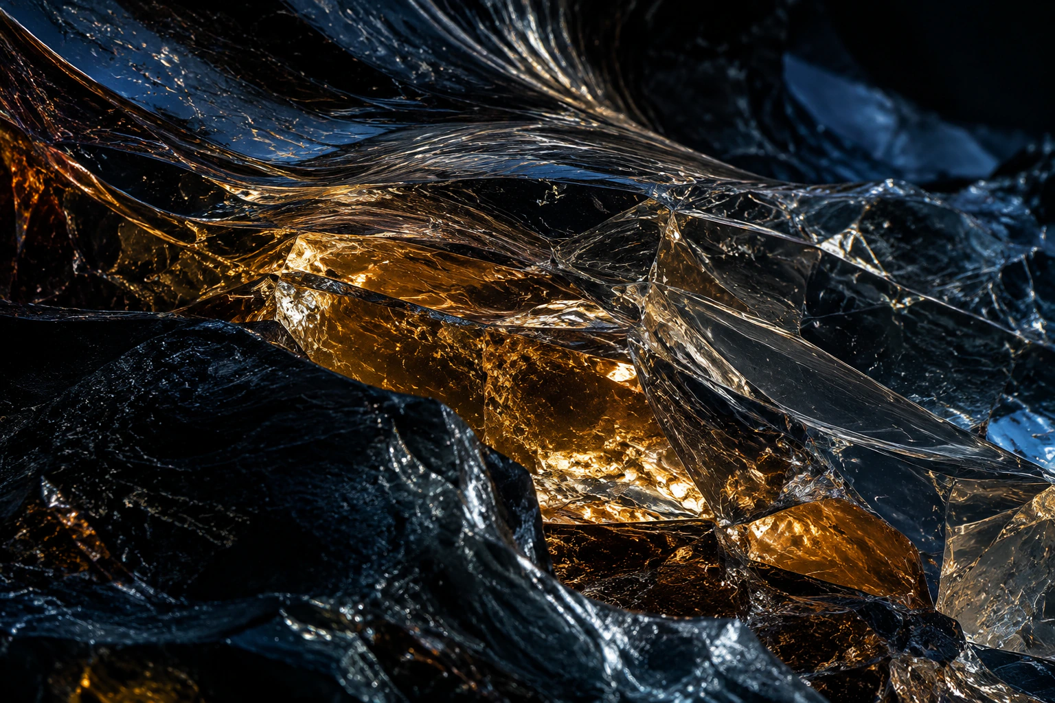 Detalhe abstrato de vidro óptico e obsidiana iluminados